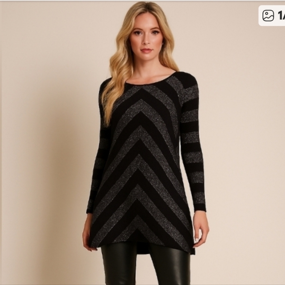 INC International Concepts Metallic Asymmetrical Semi Sheer Tunic Black Medium